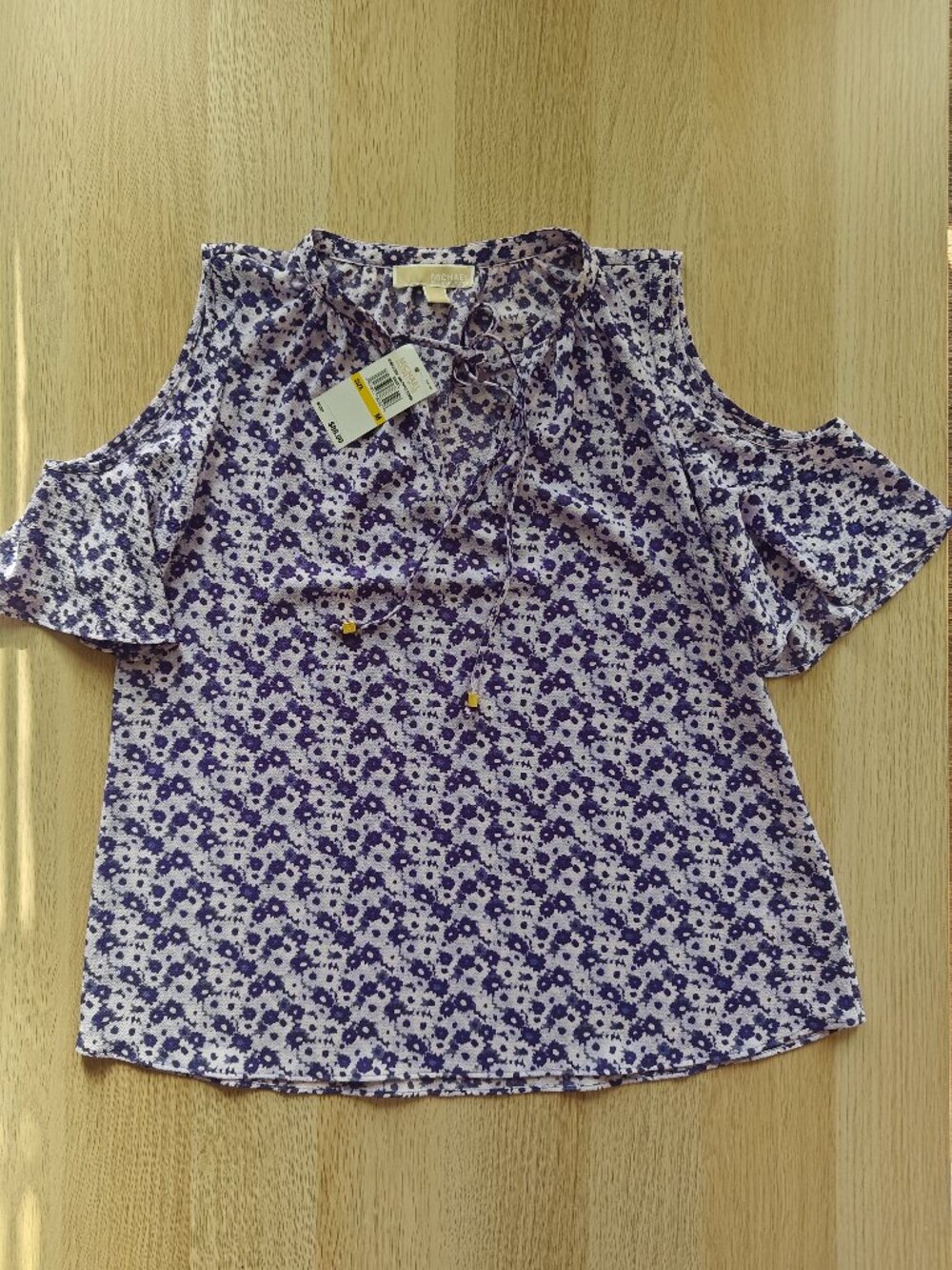WOMEN'S MICHAEL KORS FLORAL COLD-SHOULDER TIE-NECK BLOUSE (MEDIUM)